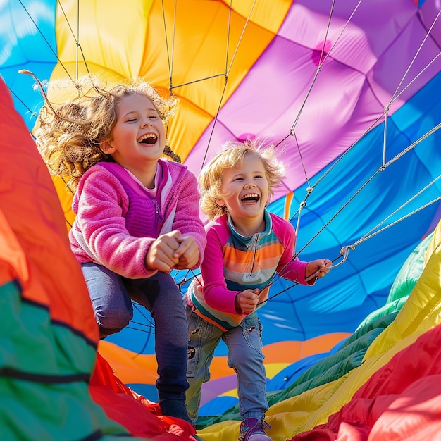 Foto retrato de crianças em uma aventura de balão