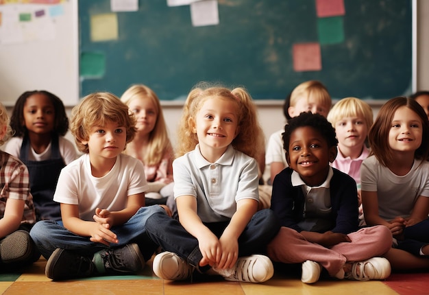 Foto retrato de crianças felizes na sala de aula do jardim de infância com uniforme