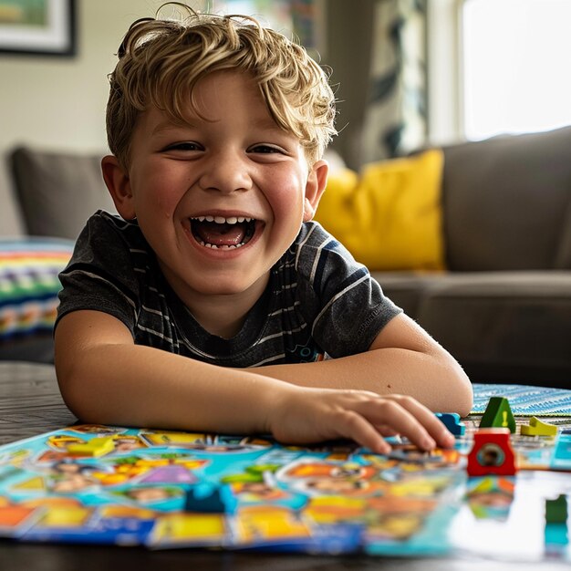 Foto retrato de crianças jogo de tabuleiro emocionante jogar jogo emoções da noite