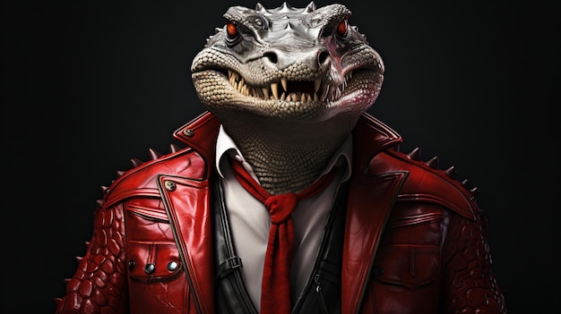 Retrato de crocodilo em jaqueta de couro vermelha chique em crocodilo