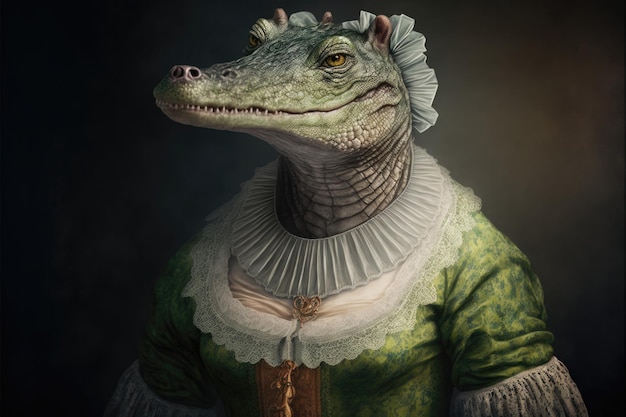 Retrato de crocodilo em um vestido vitoriano