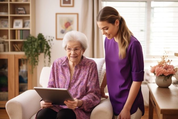 Retrato de cuidador ajudando idosos IA generativa