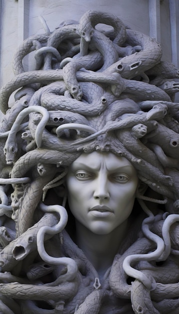 Foto retrato de cyborg medusa de perto esculpido em mármore