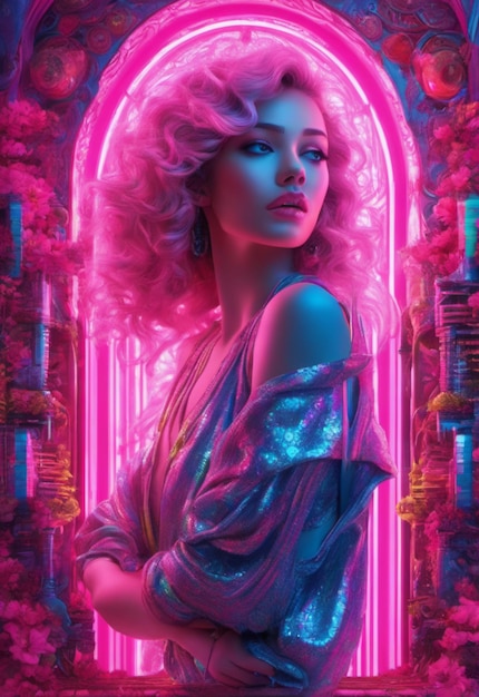 Retrato de desenho de pintura digital de menina com cor de cabelo rosa brilhante