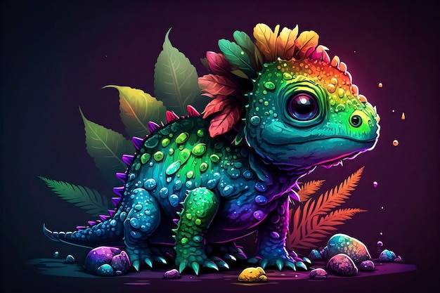 Retrato de Dinozaur em cores neon Generative AI