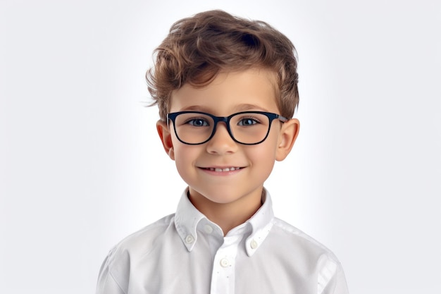 Retrato de doce menino caucasiano pré-escolar em fundo branco Estudante de escola primária está sorrindo no espaço de cópia Cute Smart Little Kid em óculos Educação primária e treinamento IA generativa