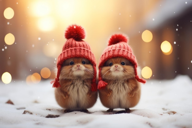 Retrato de dois adoráveis gnomos de Natal na neve gerado por IA