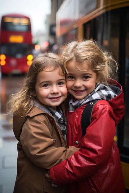 Foto retrato de dois bebês se abraçando na estrada durante o inverno ai gerativa