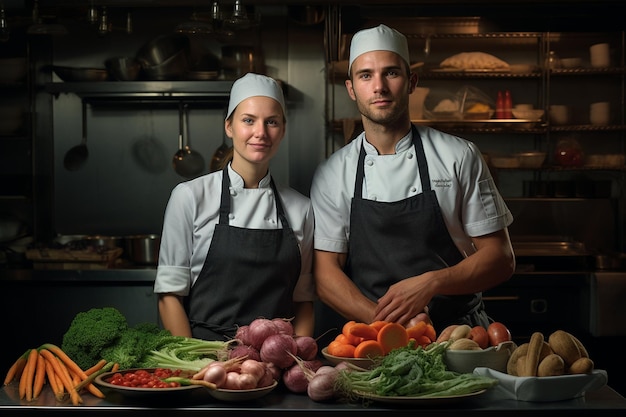 Retrato de dois chefs na cozinha do restaurante Generative Ai