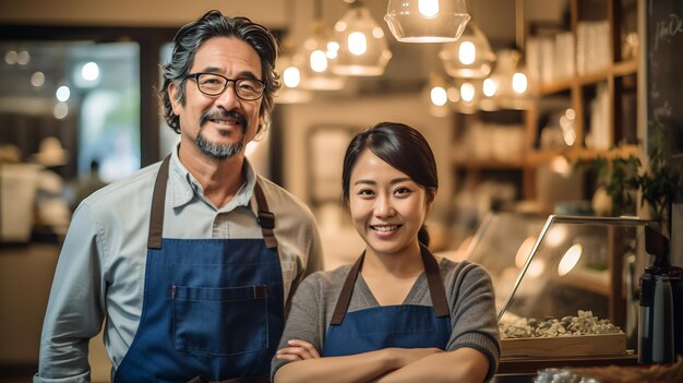 Retrato de dois empresários asiáticos sorridentes de pé juntos em seu café da moda Criado com tecnologia Generative AI