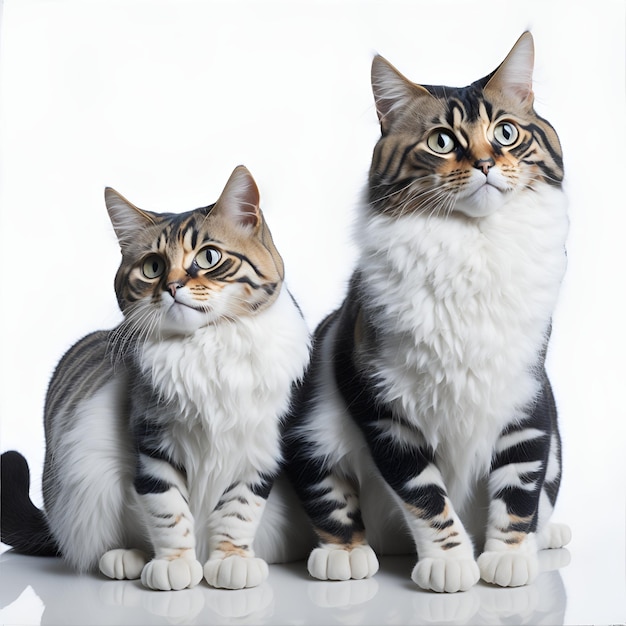 Retrato de dois gatos Maine Coon sentados no fundo branco