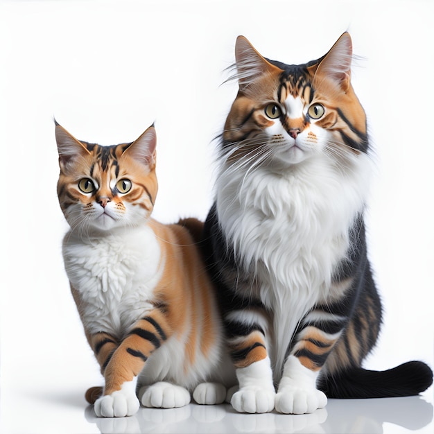 Retrato de dois gatos Maine Coon sentados no fundo branco