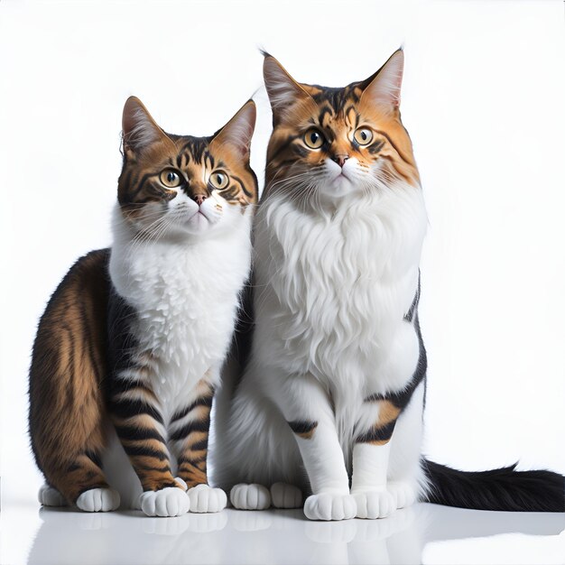 Retrato de dois gatos Maine Coon sentados no fundo branco