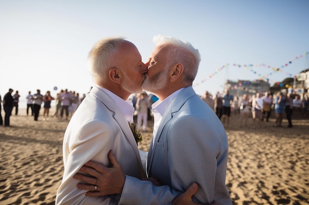 Retrato de dois gays na casa dos 50 anos se beijando e se casando na praia