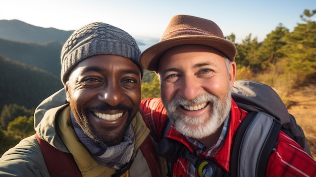 retrato de dois homens felizes com mochilas nas montanhas