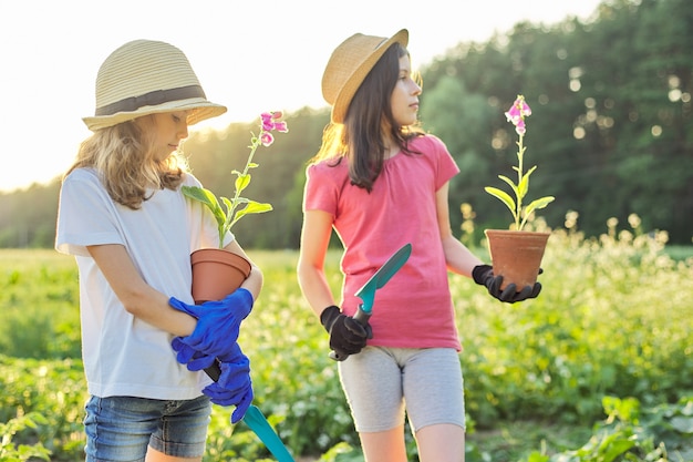 Retrato de dois lindos jardineiros em luvas de chapéus com plantas em vasos e pás de jardim