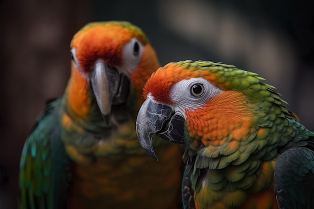Retrato de dois lindos papagaios araras no zoológico