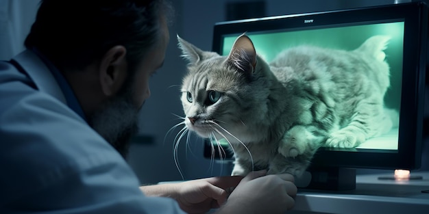 Retrato de dois veterinários a fazer uma ecografia