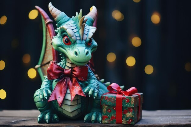 Foto retrato de dragão de fantasia mágico verde de madeira em fundo verde com caixas de presentes