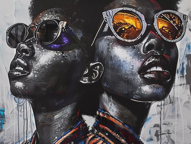 Retrato de duas belas mulheres afro-americanas com óculos de sol em fundo de graffiti