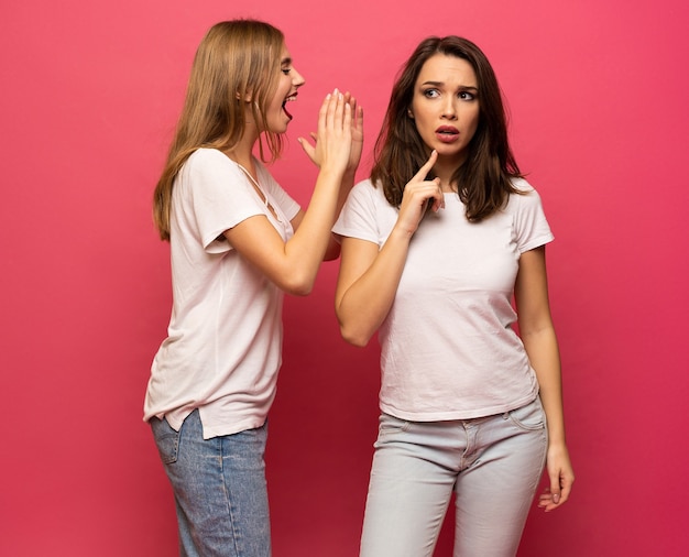 Foto retrato de duas garotas bonitas sussurrando um segredo isolado sobre fundo rosa.