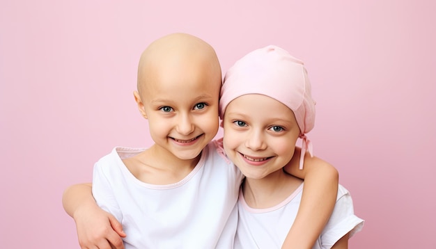 Foto retrato de duas irmãs calvas e bonitas olhando para a câmera simbolizando o dia mundial do câncer