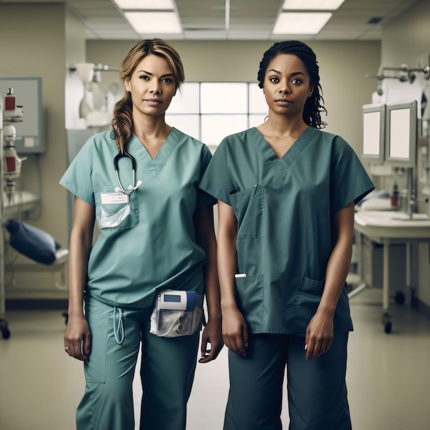 Foto retrato de duas médicas afro-americanas e caucasianas de pé no corredor do hospital