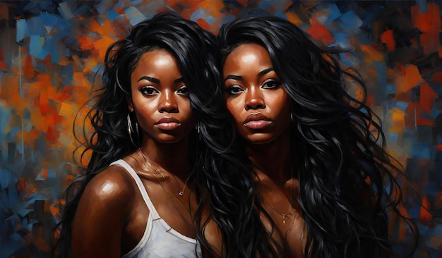 Retrato de duas meninas afro-americanas com longos cabelos pretos