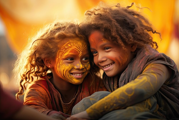 Foto retrato de duas meninas com o rosto pintado no parque ao pôr do sol