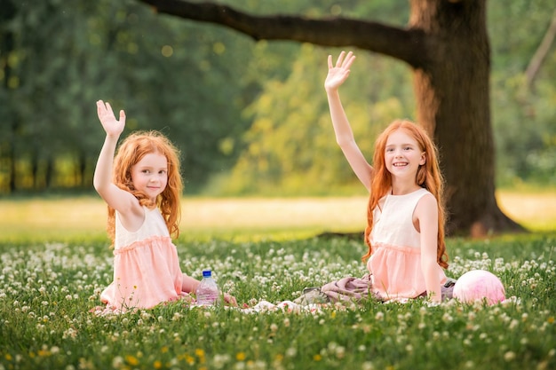 Retrato de duas meninas felizes ruivas deitadas entre flores de trevo branco