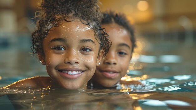 Retrato de duas meninas na piscina sorrindo para a câmera