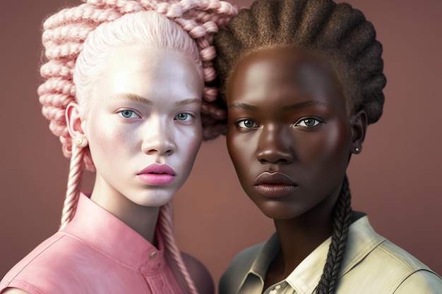 Retrato de duas mulheres afro-americanas com tom de pele normal e albino Generative ai