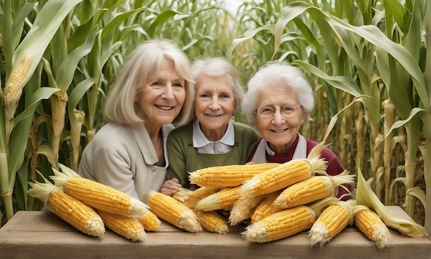 retrato de duas mulheres sorrindo segurando milho retrato de dois homens sorrindo pegando milho três mulheres