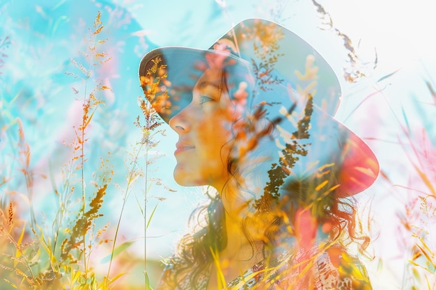 Foto retrato de dupla exposição de jovem cercada por flores de verão