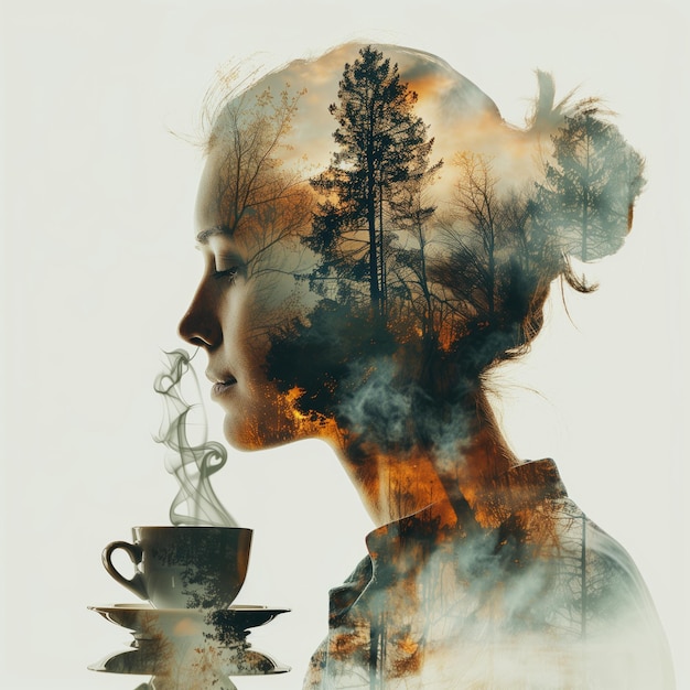 Retrato de dupla exposição de jovem mulher bonita com xícara de café e árvore Imagem tonada