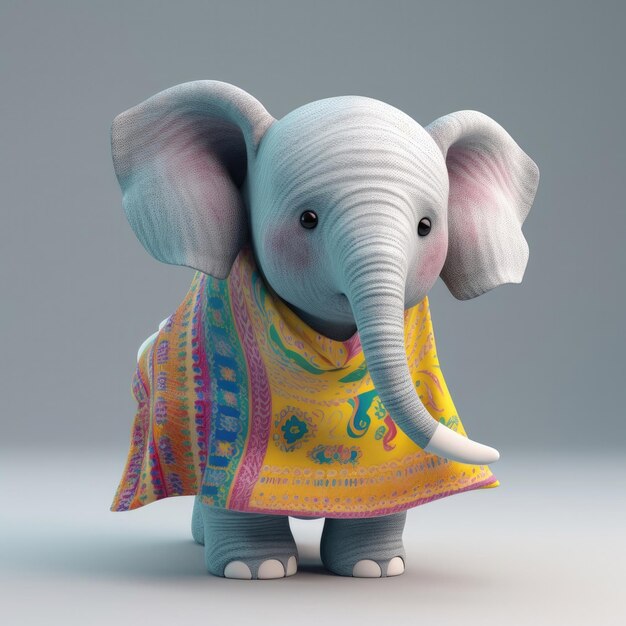 Retrato de elefante de desenho animado 3D vestindo roupas, óculos, chapéu, jaqueta, em pé na frente