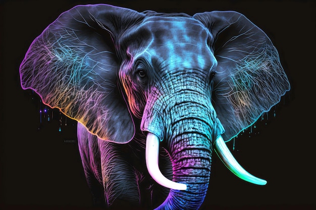 Retrato de elefante em cores neon em uma ilustração de ai generativa de fundo escuro