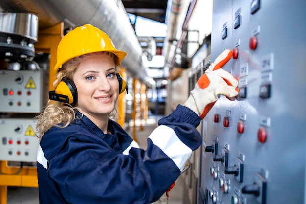 Retrato de eletricista industrial feminino verificando a tensão e as instalações na usina