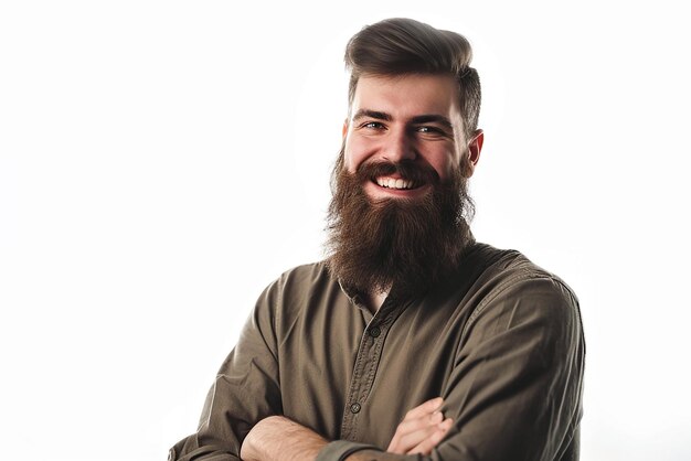 retrato de empresário com barba e braço cruzado em fundo branco isolado