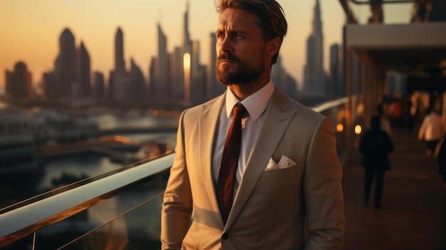 retrato de empresário com barba no céu da cidade varanda