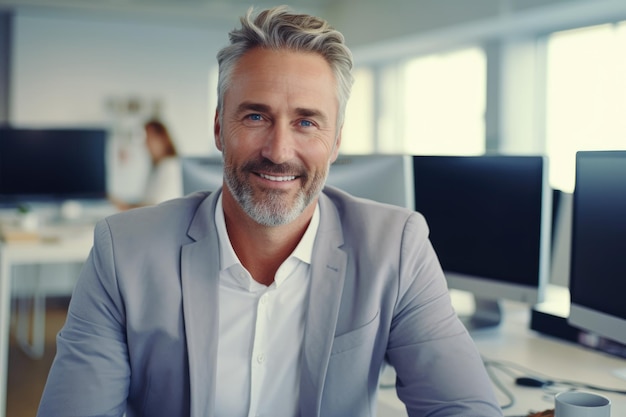 retrato de empresário de meia idade sorrindo para o computador