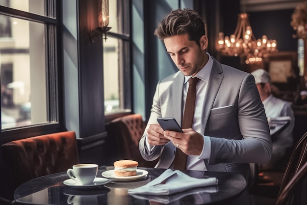 Retrato de empresário vestindo terno usando smartphone e tomando um café gerado por IA