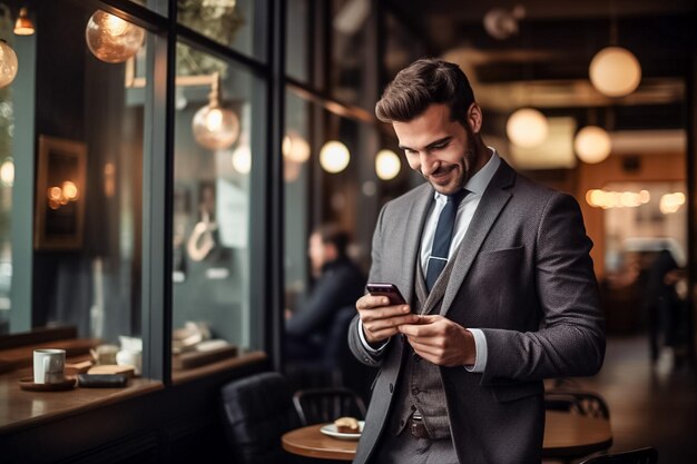 Retrato de empresário vestindo terno usando smartphone e tomando um café gerado por IA