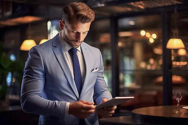 Retrato de empresário vestindo terno usando tablet e sorrindo com colega no escritório gerado por IA