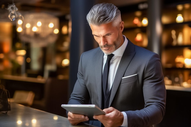 Retrato de empresário vestindo terno usando tablet e sorrindo com colega no escritório gerado por IA