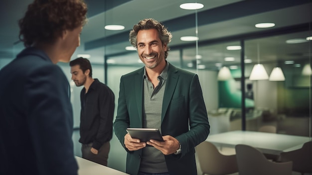 Retrato de empresário vestindo terno usando tablet e sorrindo com colega no escritório gerado por IA