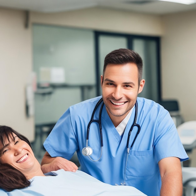 Retrato de enfermeira em hospital homem médico mulher médico