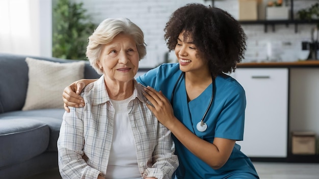 Retrato de enfermeira sorridente de apoio com paciente idosa sentada no chão