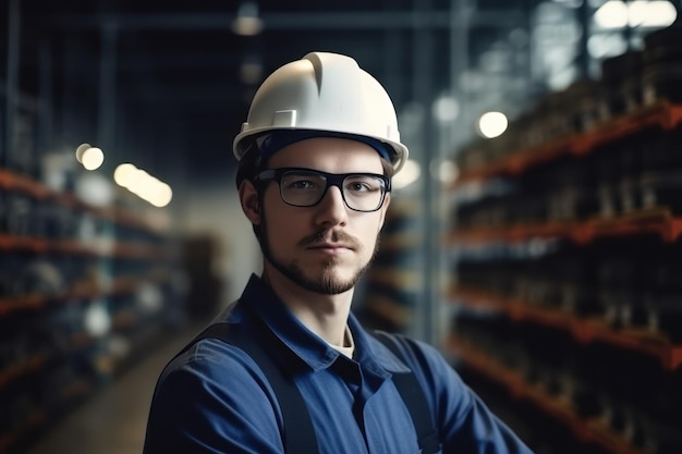 Retrato de engenharia com capacete e uniforme de segurança em pé na fábrica industrial e trabalhador