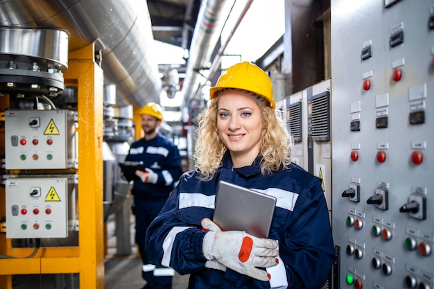 Retrato de engenheira ou supervisora em pé no interior da fábrica